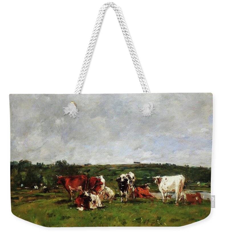 Animals Weekender Tote Bag featuring the painting Cows grazing - Digital Remastered Edition by Eugene Louis Boudin