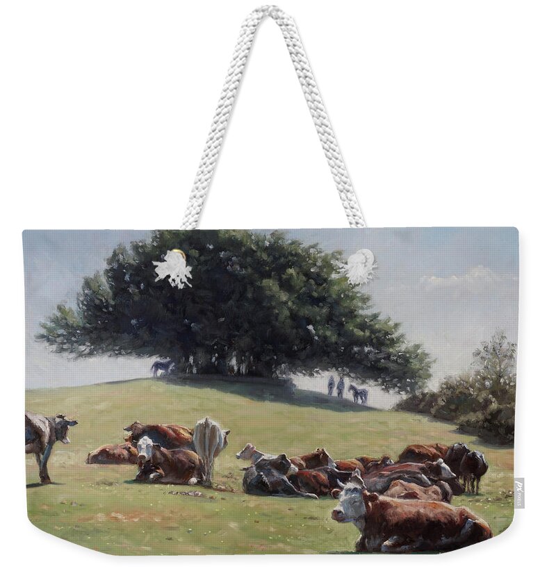 Hampshire Weekender Tote Bag featuring the painting Cows resting at Boltons Bench Lyndhurst New Forest by Martin Davey