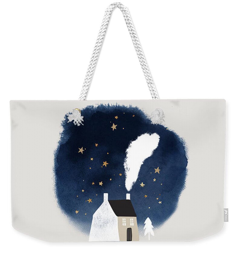 Cozy Winter Night Weekender Tote Bag featuring the painting Cozy Winter Night Watercolor Art Christmas Holiday by Modern Art