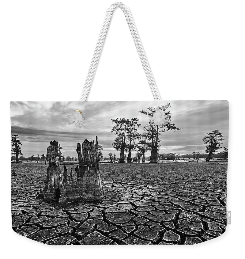 Atchafalaya Basin Weekender Tote Bag featuring the photograph Cracked Henderson Swamp in Black and White by Andy Crawford