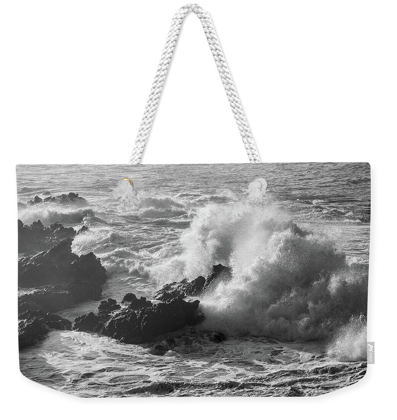 Beach Weekender Tote Bag featuring the photograph Crashing Waves on Rocks by Mike Fusaro