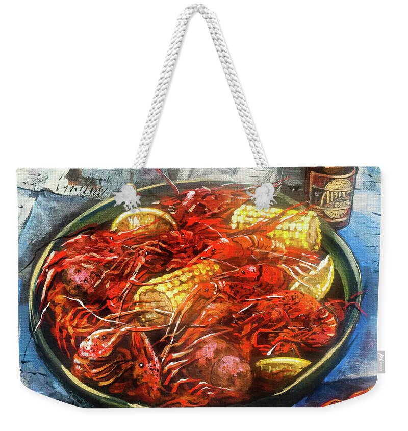New Orleans Food Weekender Tote Bag featuring the painting Crawfish Celebration by Dianne Parks