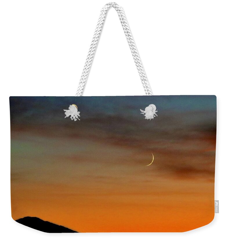 Moon Weekender Tote Bag featuring the photograph Crescent Moon at Sunset by Sarah Lilja