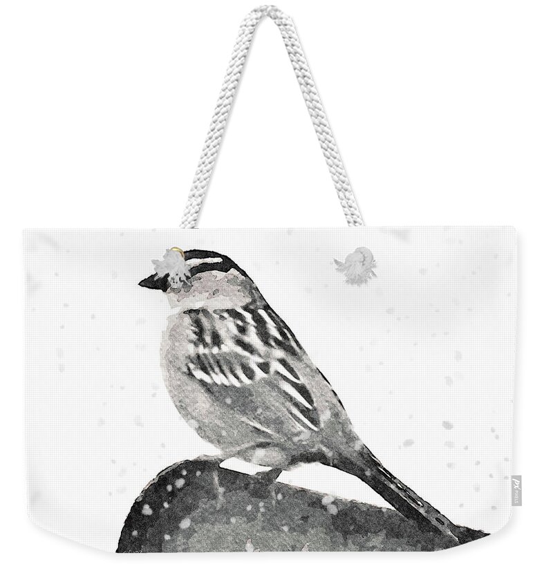 Bird Weekender Tote Bag featuring the mixed media Crested Sparrow in the Snow-Bird Painting by Shelli Fitzpatrick