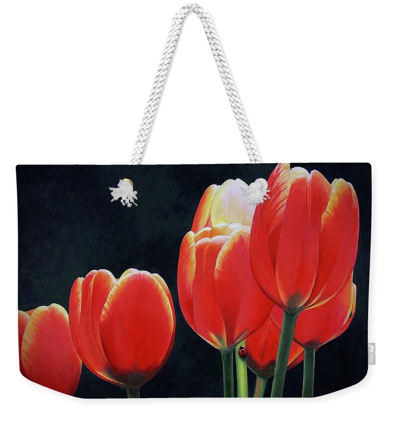 Kim Mcclinton Weekender Tote Bag featuring the painting Crimson Affinity by Kim McClinton