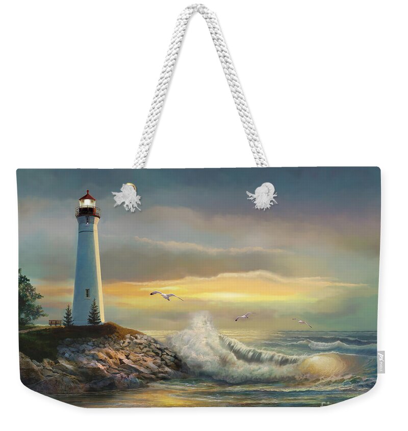 Crisp Point Lighthouse Oil Painting Weekender Tote Bag featuring the painting Crisp point lighthouse at sunset by Regina Femrite