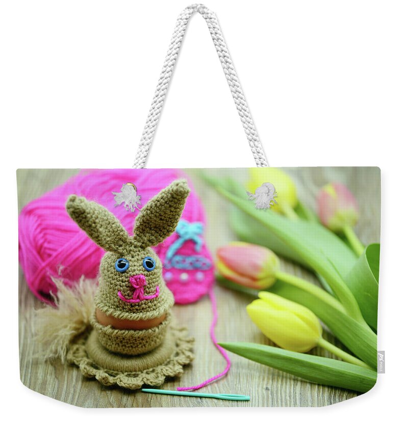 Crochet Easter bunny egg cup made of wool Weekender Tote Bag by Art Momente  - Fine Art America