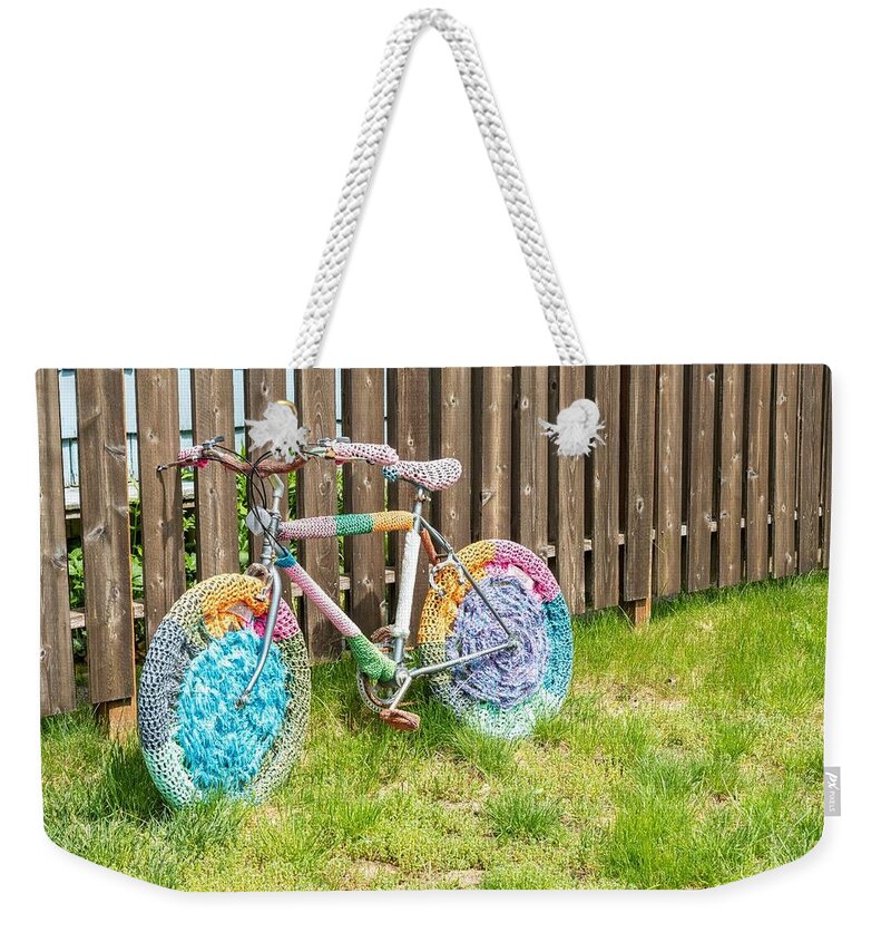 Crocheted Bicycle Weekender Tote Bag featuring the photograph Crocheted Bicycle by Tom Cochran