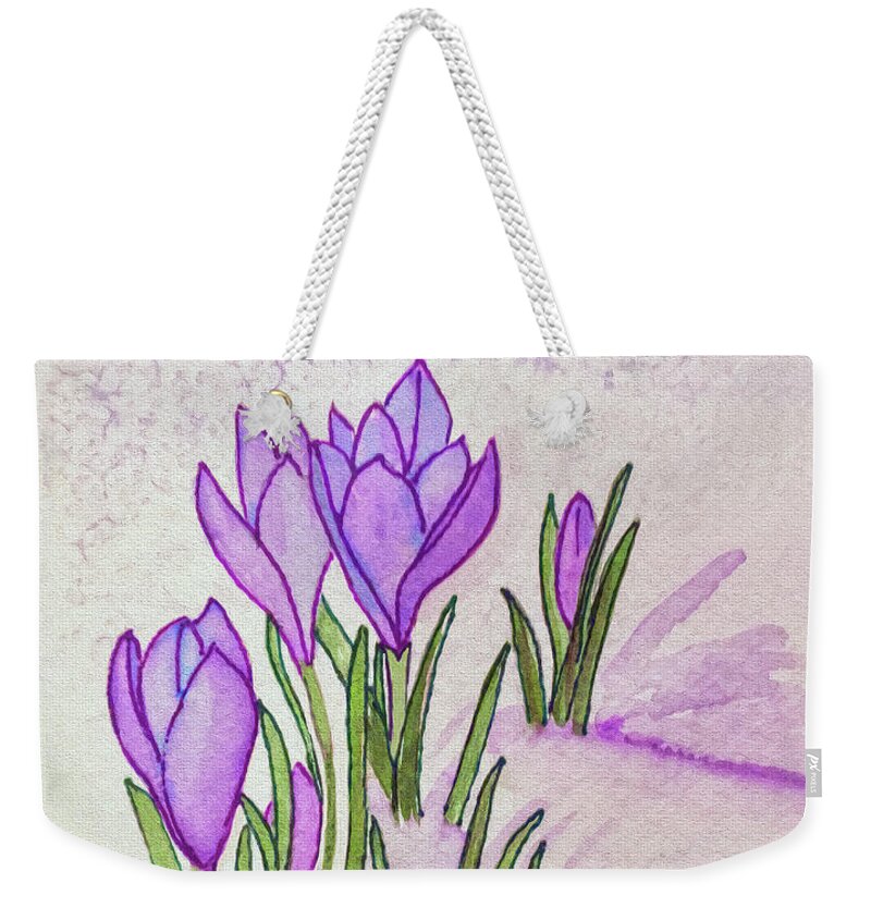 Crocus Weekender Tote Bag featuring the painting Crocus In The Snow by Deborah League