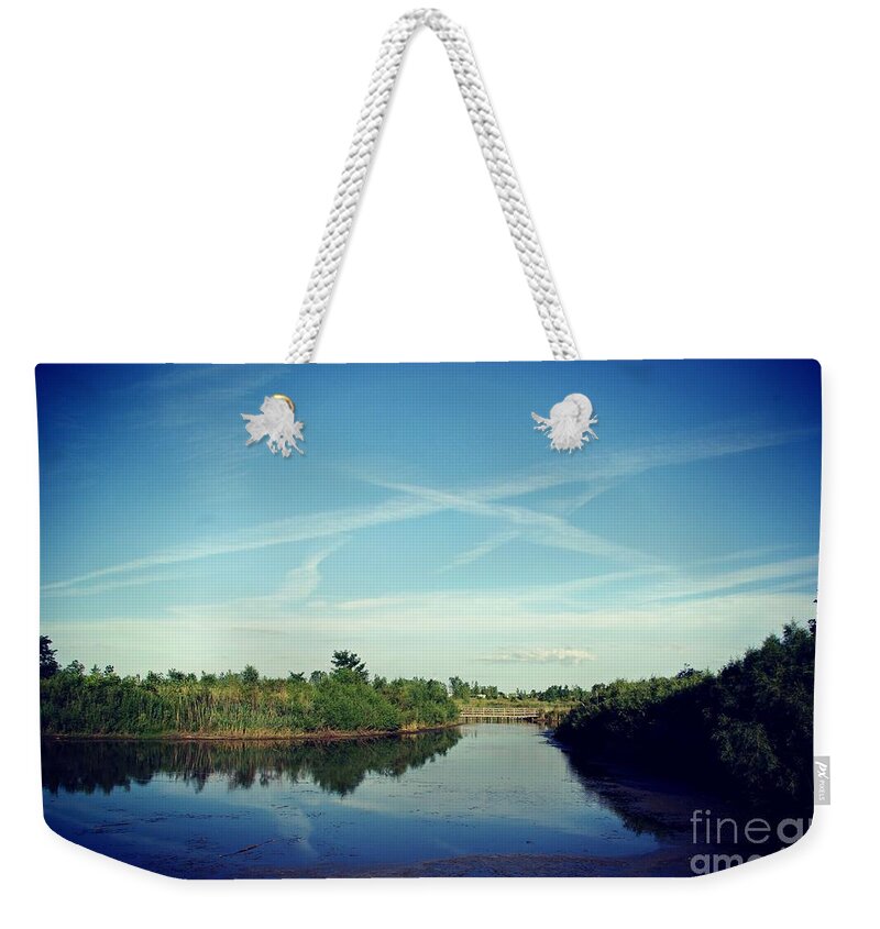 Landscape Weekender Tote Bag featuring the photograph Cross Patterns Sky by Frank J Casella