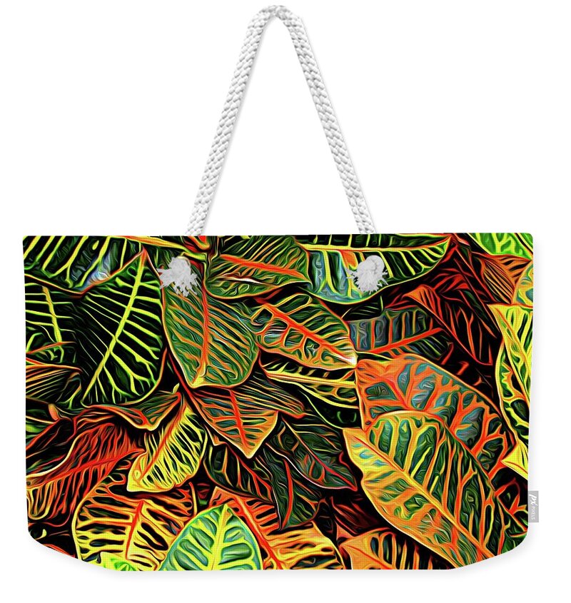 Croton Leaves Macro Abstract Expressionism Effect Weekender Tote Bag featuring the photograph Croton Leaves Macro Abstract Expressionism Effect by Rose Santuci-Sofranko