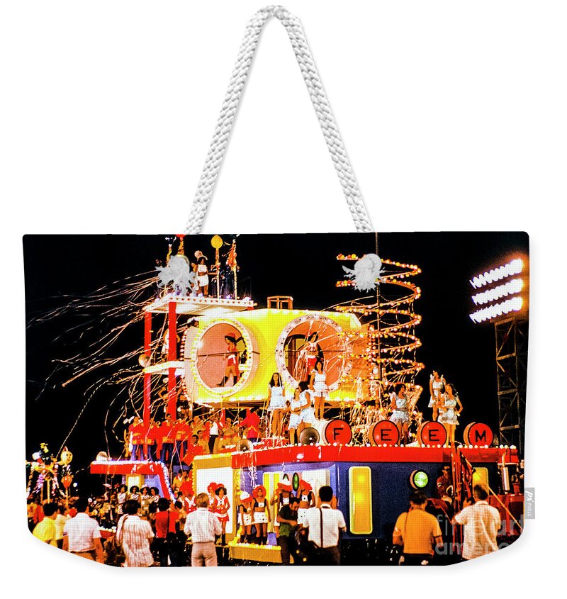 Nostalgia Cubana Weekender Tote Bag featuring the mixed media Cuban nostalgia Havana carnival 1970 - 1974. Allegorical float for parade or carnival salsa dancers by Elena Gantchikova
