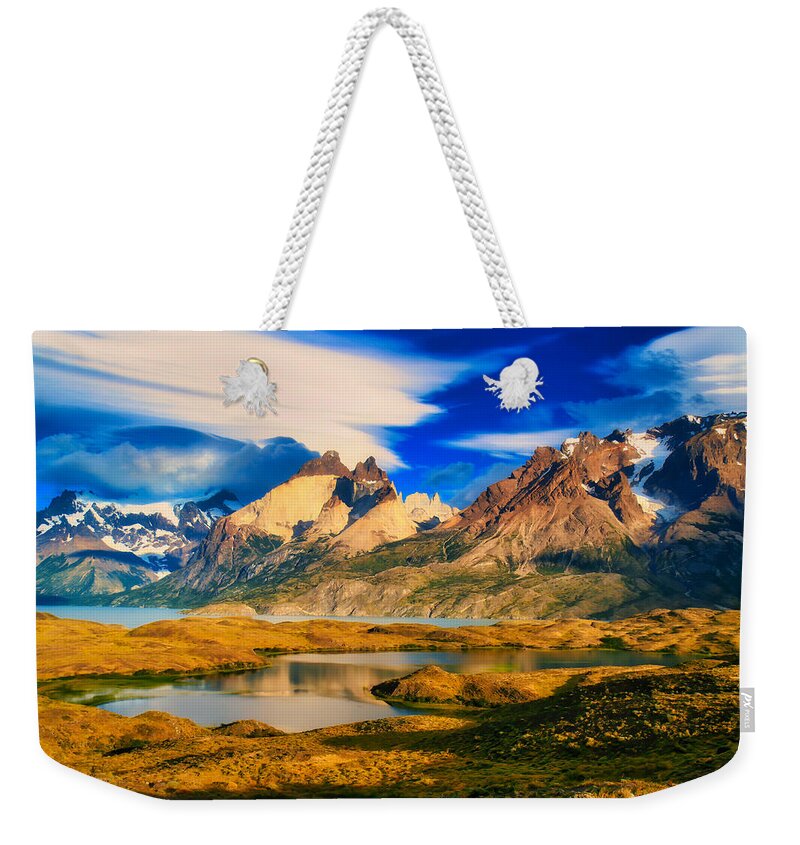 Lenticular Cloud Weekender Tote Bag featuring the photograph Cuernos del Pain and Almirante Nieto in Patagonia by Bruce Block