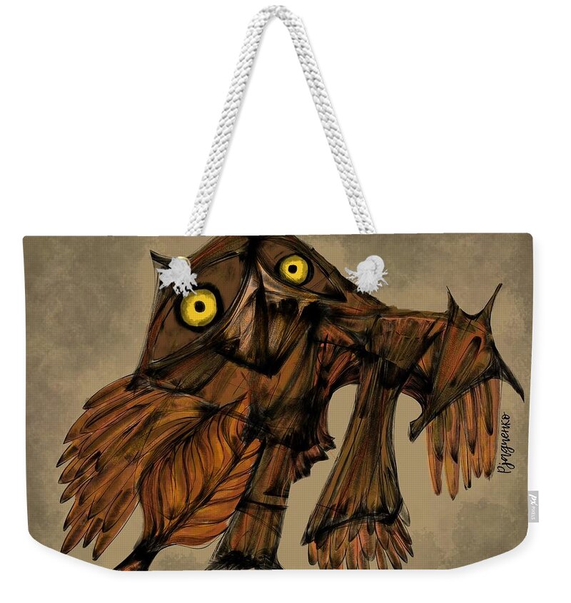 Owl Weekender Tote Bag featuring the digital art Curious owl by Ljev Rjadcenko