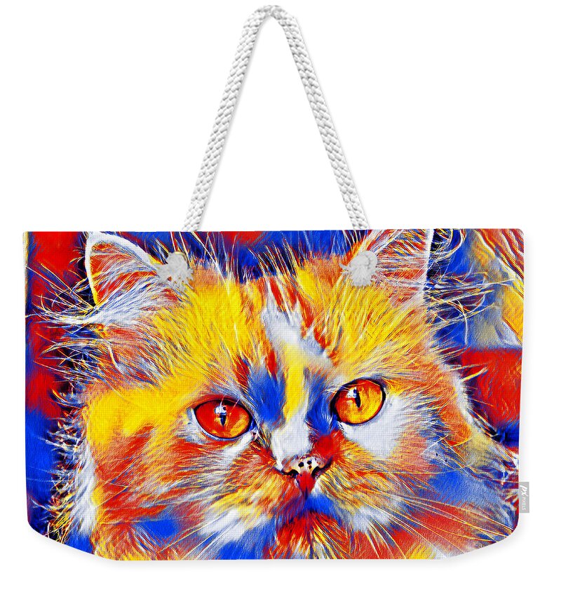 Persian Cat Weekender Tote Bag featuring the digital art Cute colorful Persian cat in blue, red and yellow by Nicko Prints