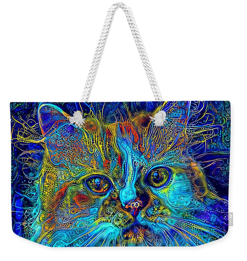 Persian Cat Weekender Tote Bag featuring the digital art Cute Persian cat with blue and cyan colorful patterns by Nicko Prints