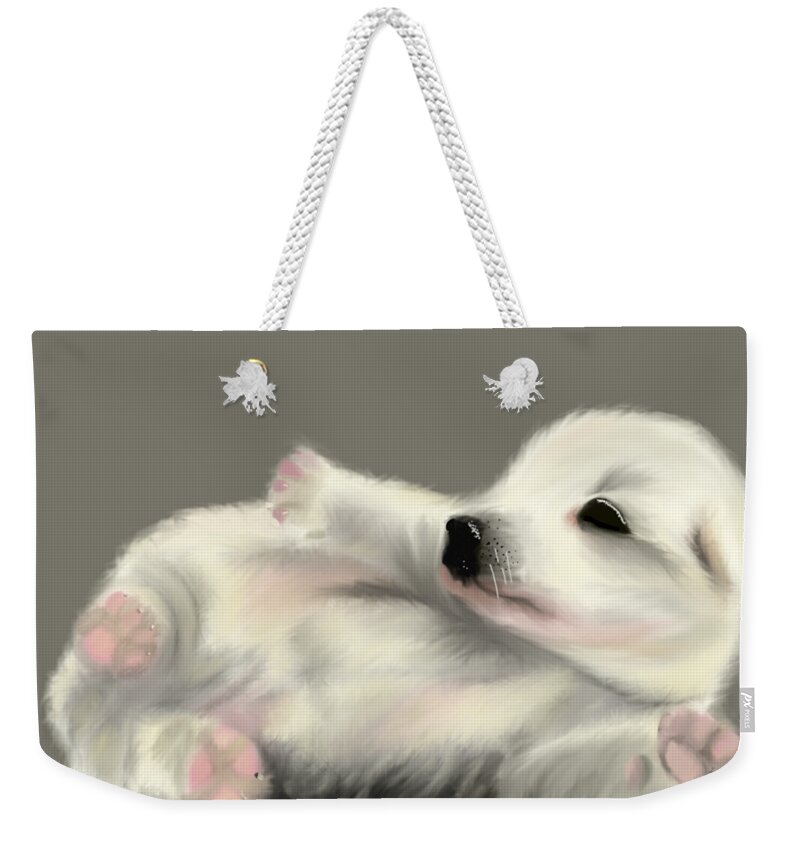 Breed Weekender Tote Bag featuring the painting Cute Puppy Relaxing by Barefoot Bodeez Art