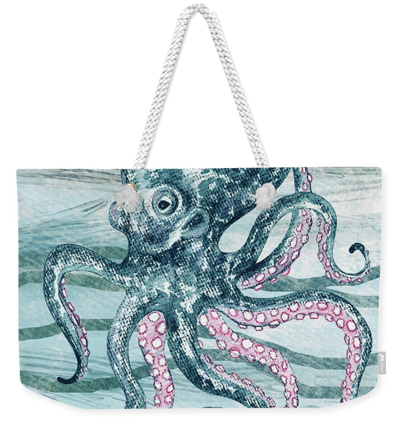 Octopus Weekender Tote Bag featuring the painting Cute Teal Blue Watercolor Octopus On Calm Wave Beach Art by Irina Sztukowski