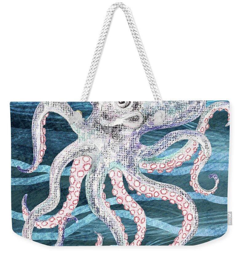 Octopus Weekender Tote Bag featuring the painting Cute Watercolor Octopus On A Blue Wave Beach Art by Irina Sztukowski