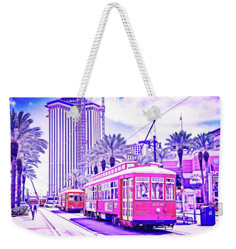Struction Weekender Tote Bag featuring the painting CyberPunk Neon, Cityscape - skyline - Urban - Streetcars. New Orleans by Celestial Images