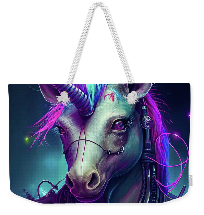 Unicorn Weekender Tote Bag featuring the digital art Cyberpunk Unicorn Portrait 01 by Matthias Hauser