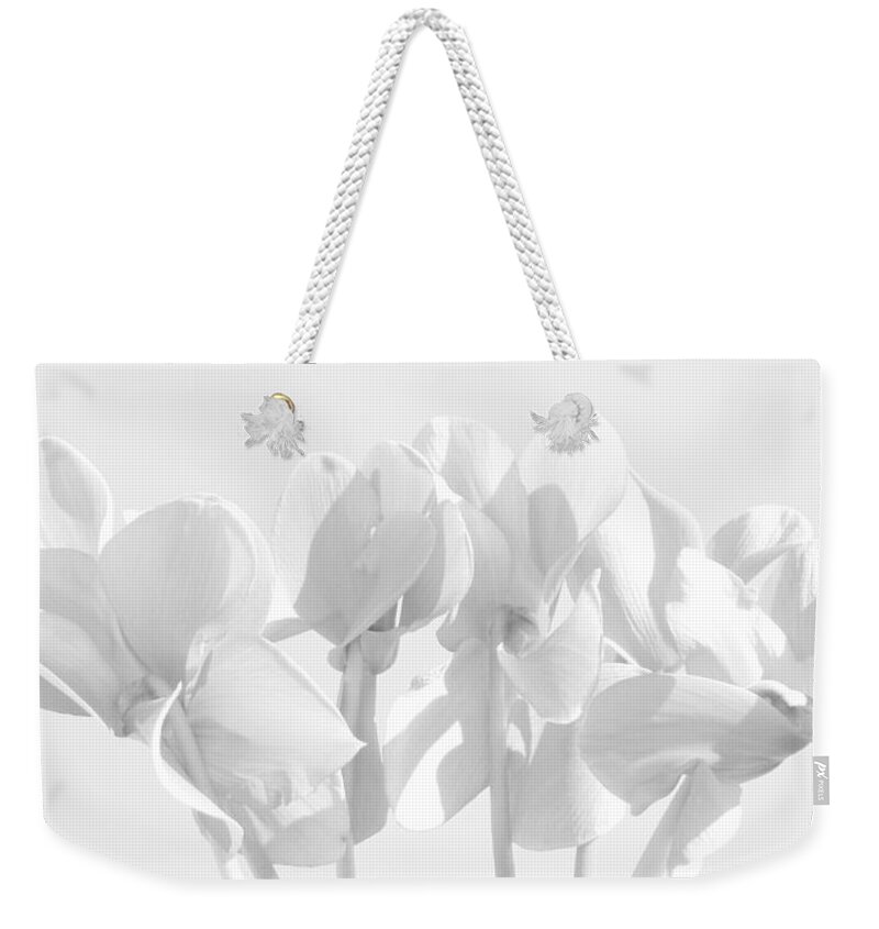 White Weekender Tote Bag featuring the photograph Cyclamen - White by VIVA Anderson