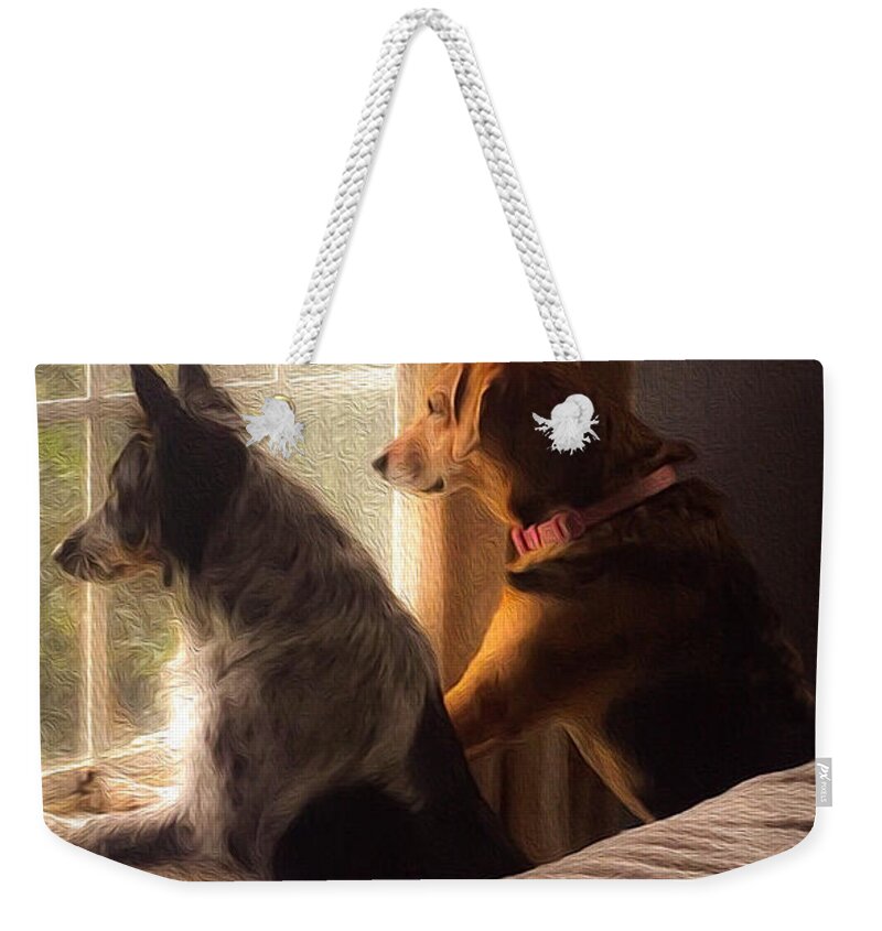 Dog Weekender Tote Bag featuring the mixed media Daddy's Home by Shelia Hunt