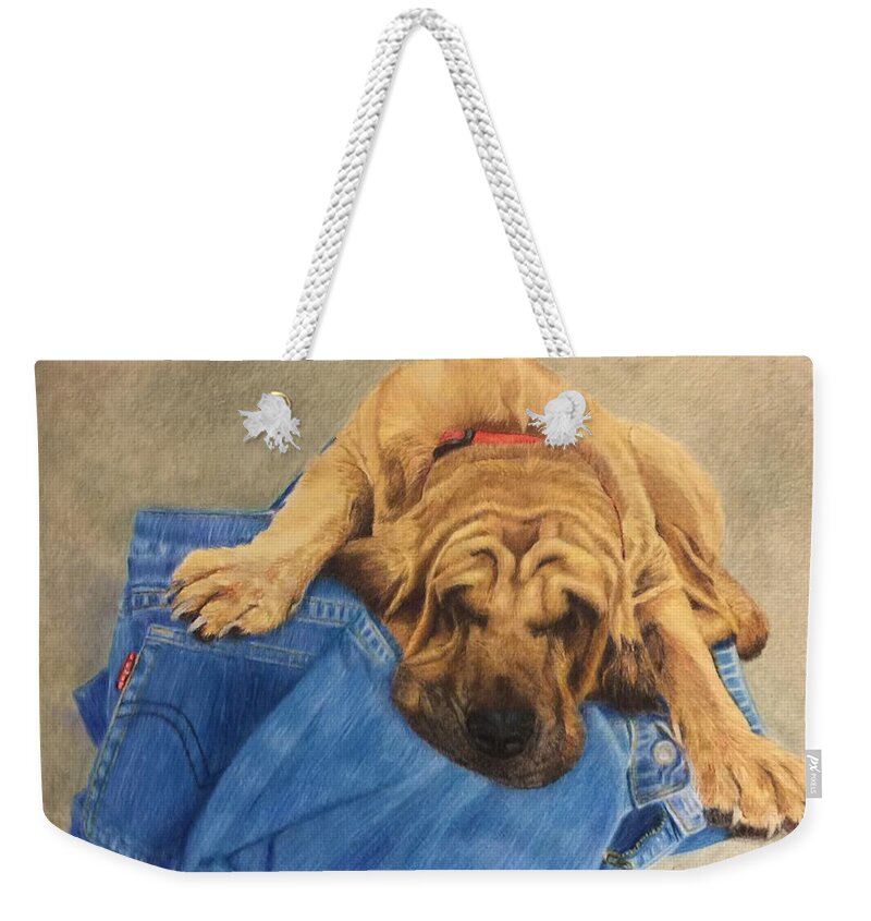 Hound Dog Weekender Tote Bag featuring the painting Daddys Jeans by Forrest Fortier