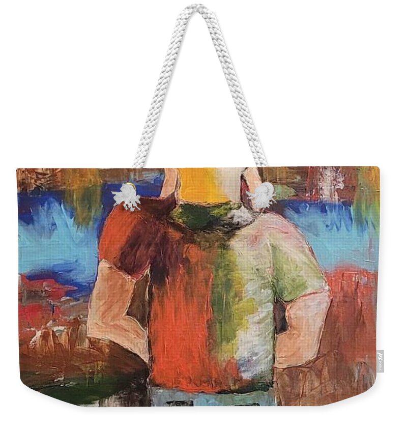  Weekender Tote Bag featuring the painting Riding Daddy's Burly Shoulders by Mark SanSouci