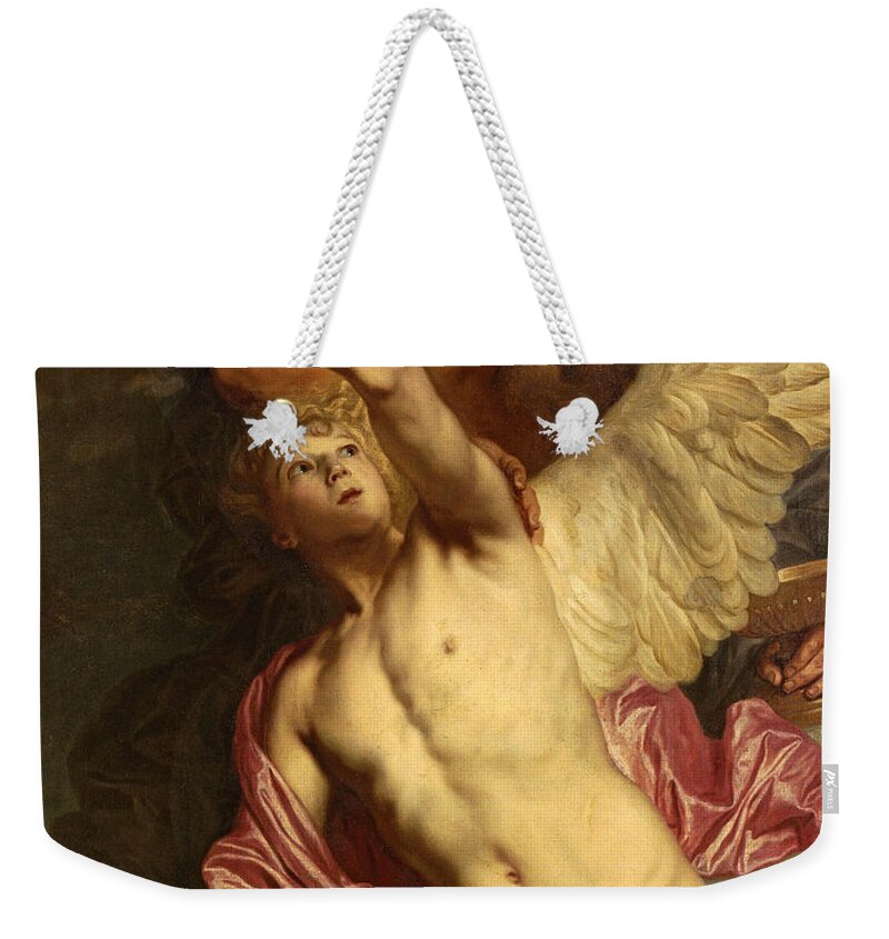 Pieter Thijs Weekender Tote Bag featuring the painting Daedalus fixing wings onto the shoulders of Icarus by Pieter Thijs