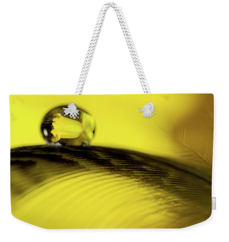 Waterdrop Weekender Tote Bag featuring the photograph Daffodil Reflection in Waterdrop by Jean Noren