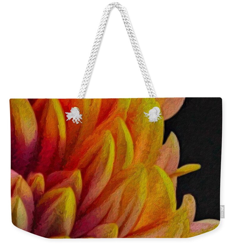 Dahlia Weekender Tote Bag featuring the painting Dahlia - red, yellow, umber, maroon by Bonnie Bruno