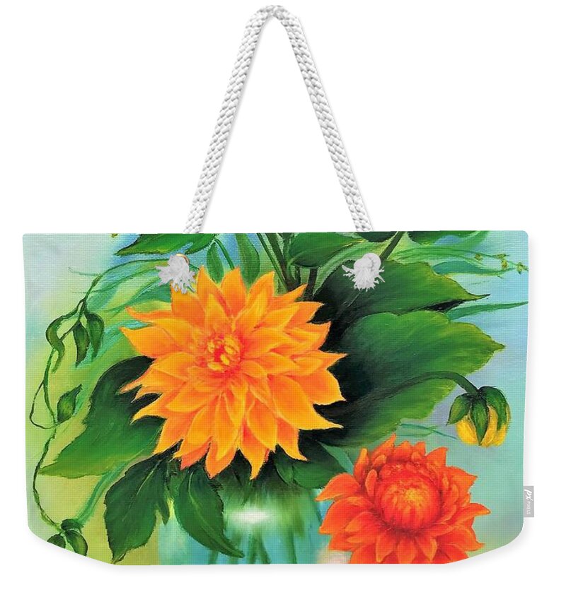 Wall Art Home Decor Weekender Tote Bag featuring the painting Dahlias by Tanya Harr
