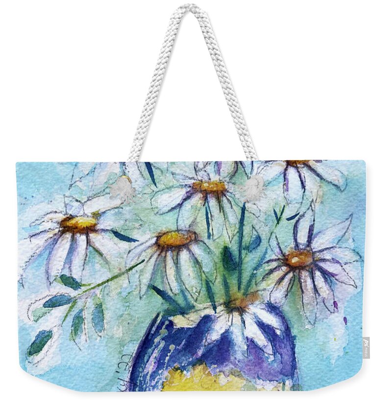Loose Floral Weekender Tote Bag featuring the painting Daisies in a Purple Vase by Roxy Rich