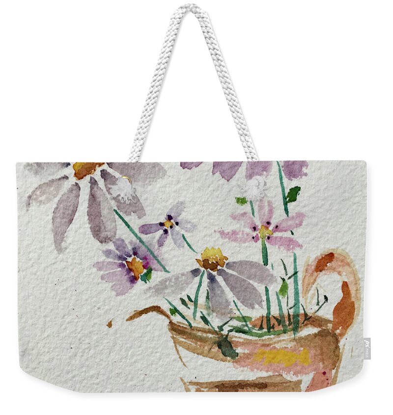 Daisy Weekender Tote Bag featuring the painting Daisies in a Rusty Copper Pitcher by Roxy Rich
