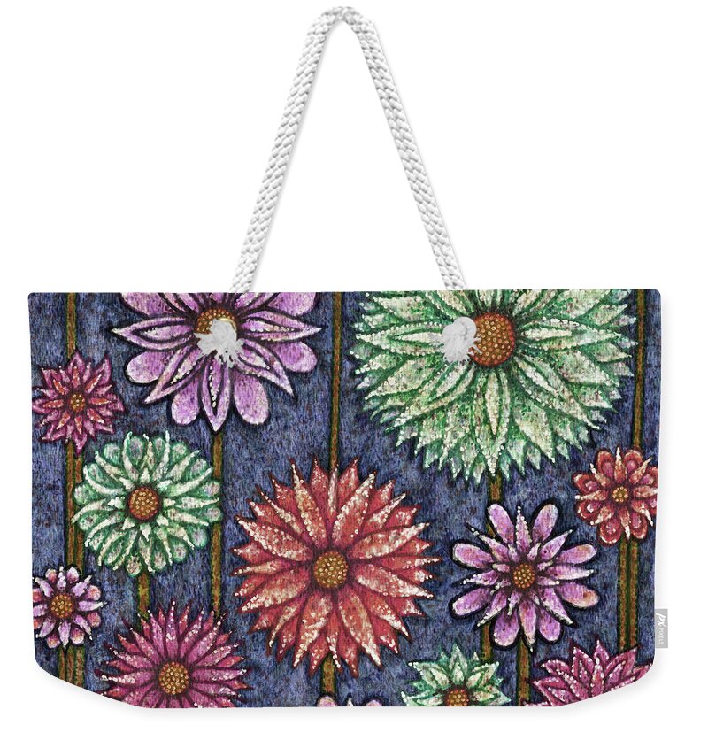 Floral Abstract Weekender Tote Bag featuring the painting Daisy Tapestry. Blue Mood by Amy E Fraser