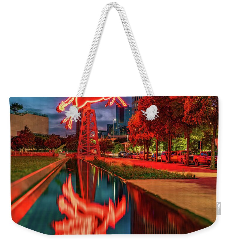 Dallas Texas Weekender Tote Bag featuring the photograph Dallas Pegasus Neon Reflections and Cityscape by Gregory Ballos
