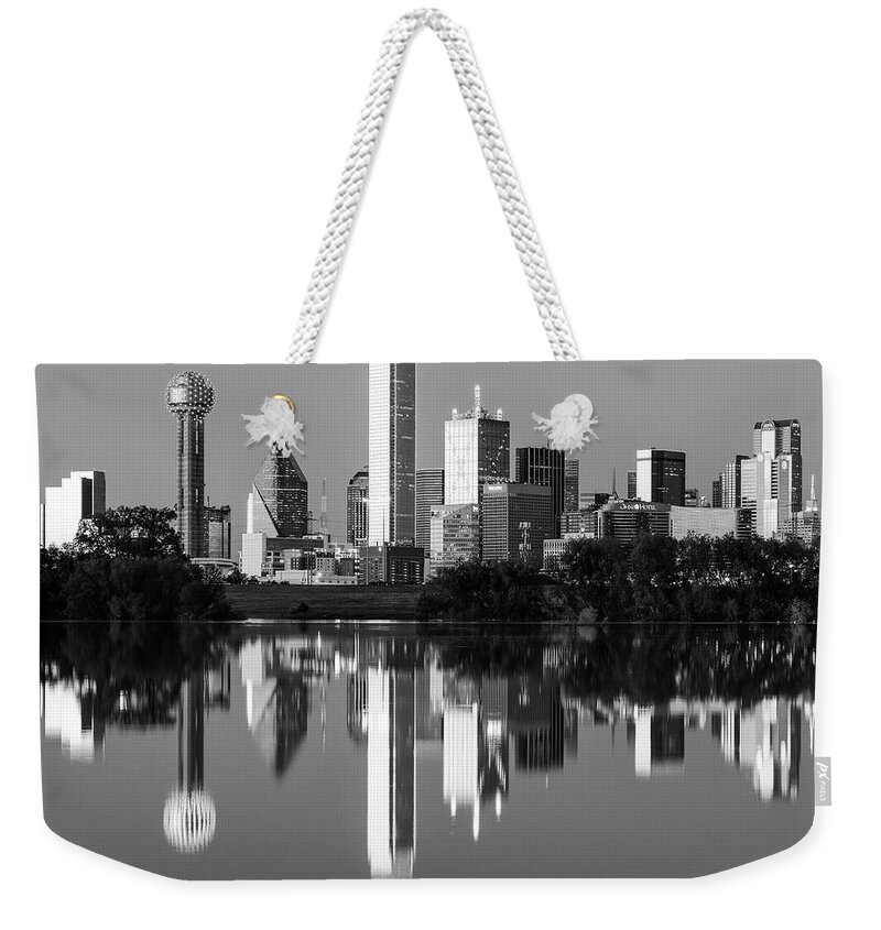Dallas Texas Weekender Tote Bag featuring the photograph Dallas Texas Cityscape Black and White by Robert Bellomy