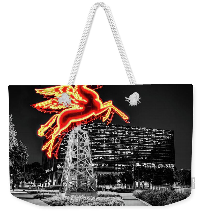 Dallas Skyline Weekender Tote Bag featuring the photograph Dallas Texas Selectively Colored Red Pegasus Rising by Gregory Ballos