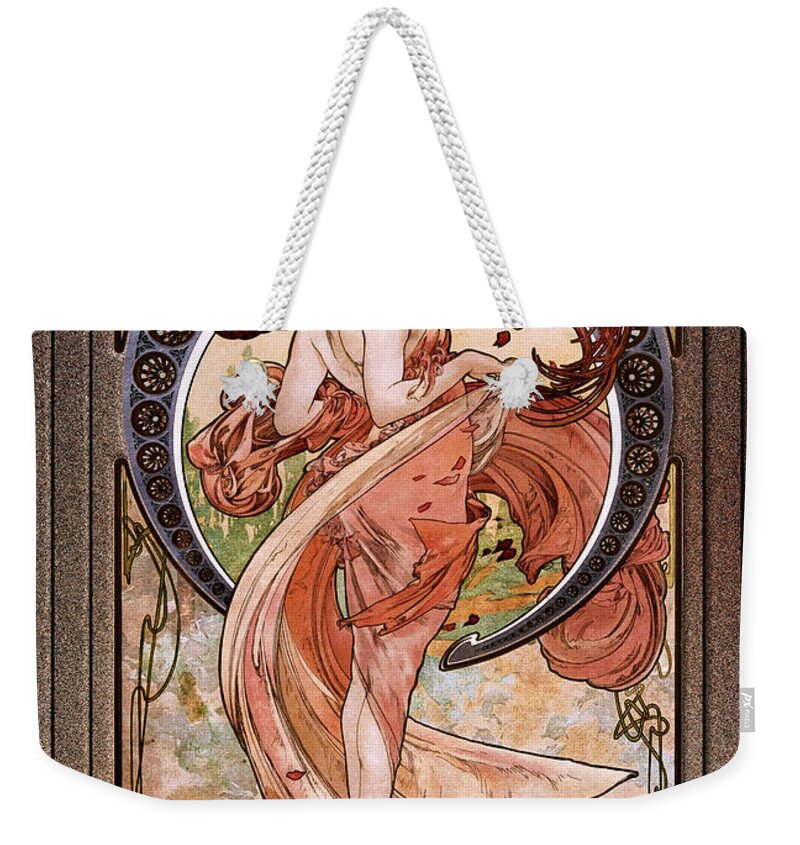 Dance Weekender Tote Bag featuring the painting Dance by Alphonse Mucha Black Background by Rolando Burbon