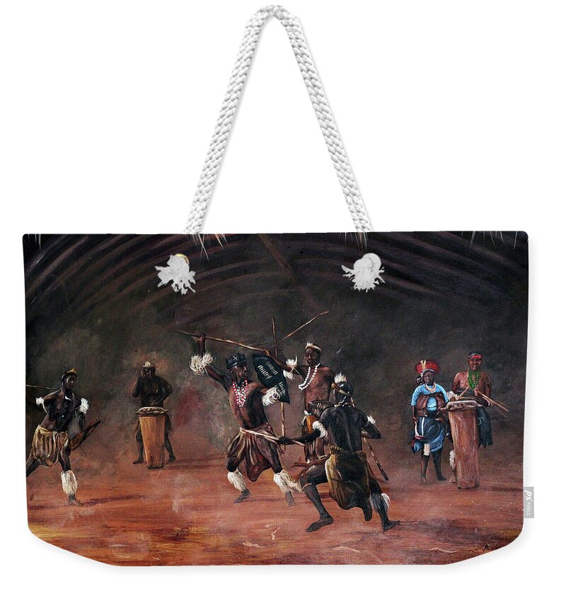 African Art Weekender Tote Bag featuring the painting Dance Of Spears by Ronnie Moyo