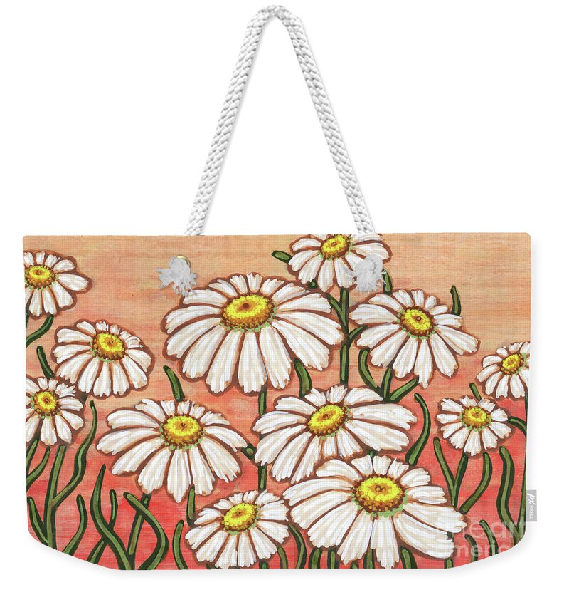 Daisy Weekender Tote Bag featuring the painting Dancing Daisy Daydreams in Sun Kissed Peach Skies by Amy E Fraser