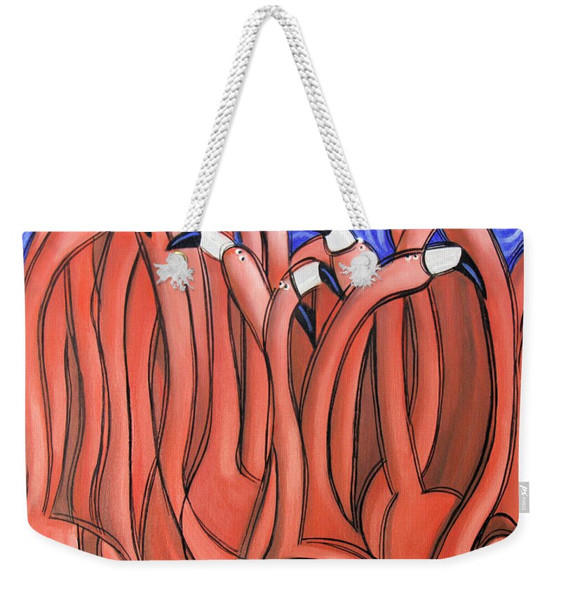 Flamingo's Weekender Tote Bag featuring the painting Dancing Flamingo's by Anthony Falbo