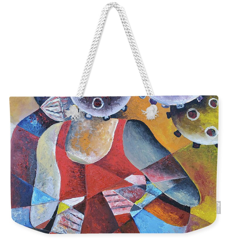 Abstract Painting Weekender Tote Bag featuring the painting Dancing in red with Covid-19 by Obi-Tabot Tabe