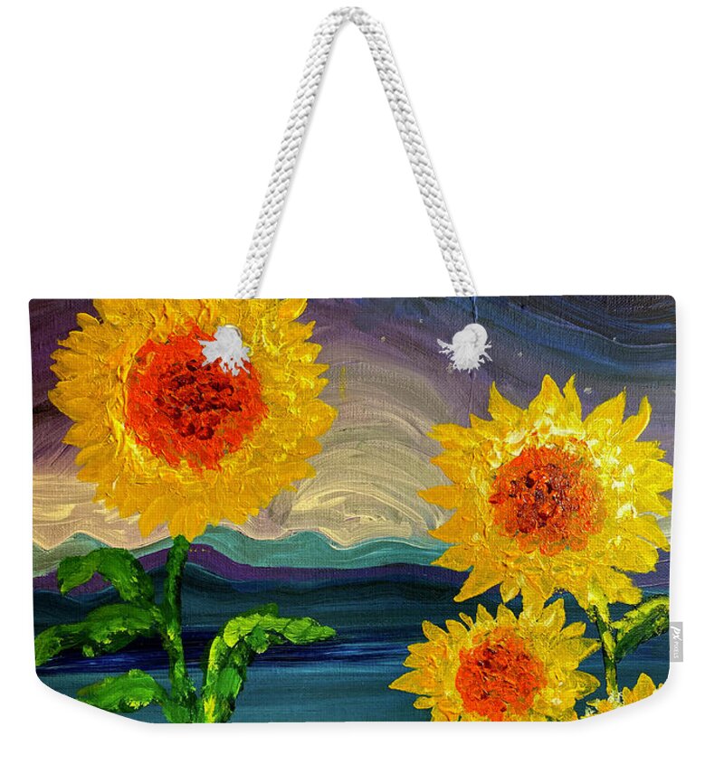 Dancing Sunflowers Under A Full Moon Weekender Tote Bag featuring the painting Dancing Sunflowers Under A Full Moon by Amzie Adams
