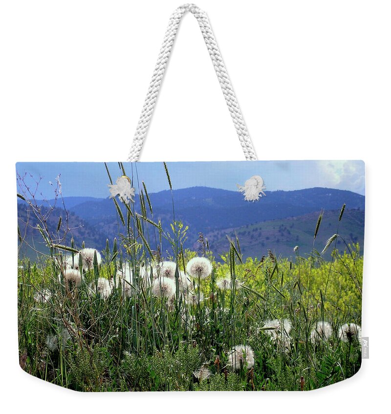 Dandelion Weekender Tote Bag featuring the photograph Dandelions and Mountains by Kathryn Alexander MA