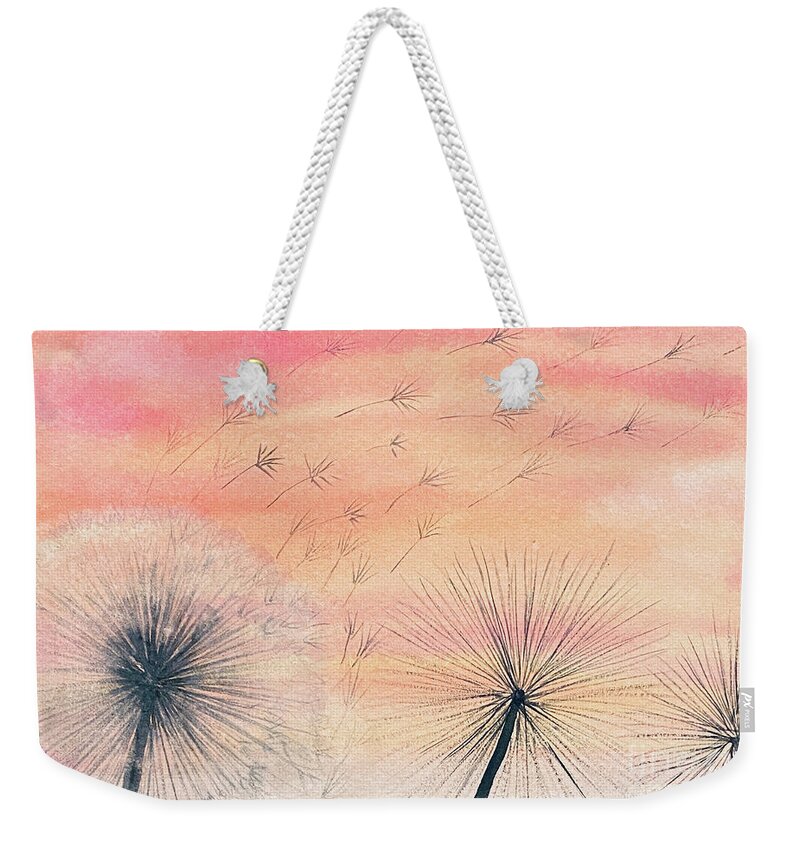 Dandelions Weekender Tote Bag featuring the painting Dandelions at Sunset by Lisa Neuman