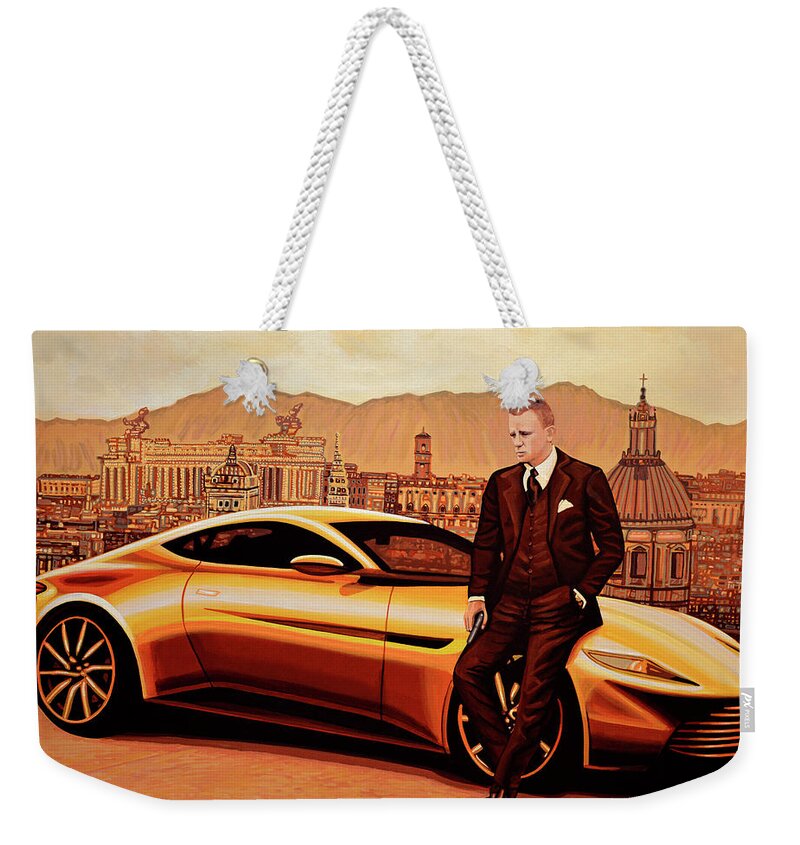 Daniel Craig Weekender Tote Bag featuring the painting Daniel Craig in SPECTRE as James Bond by Paul Meijering