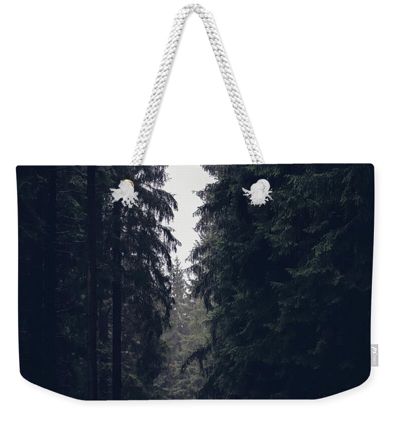 Forest Weekender Tote Bag featuring the photograph Dark atmosphere in forest. Forgotten road in rainy day by Vaclav Sonnek