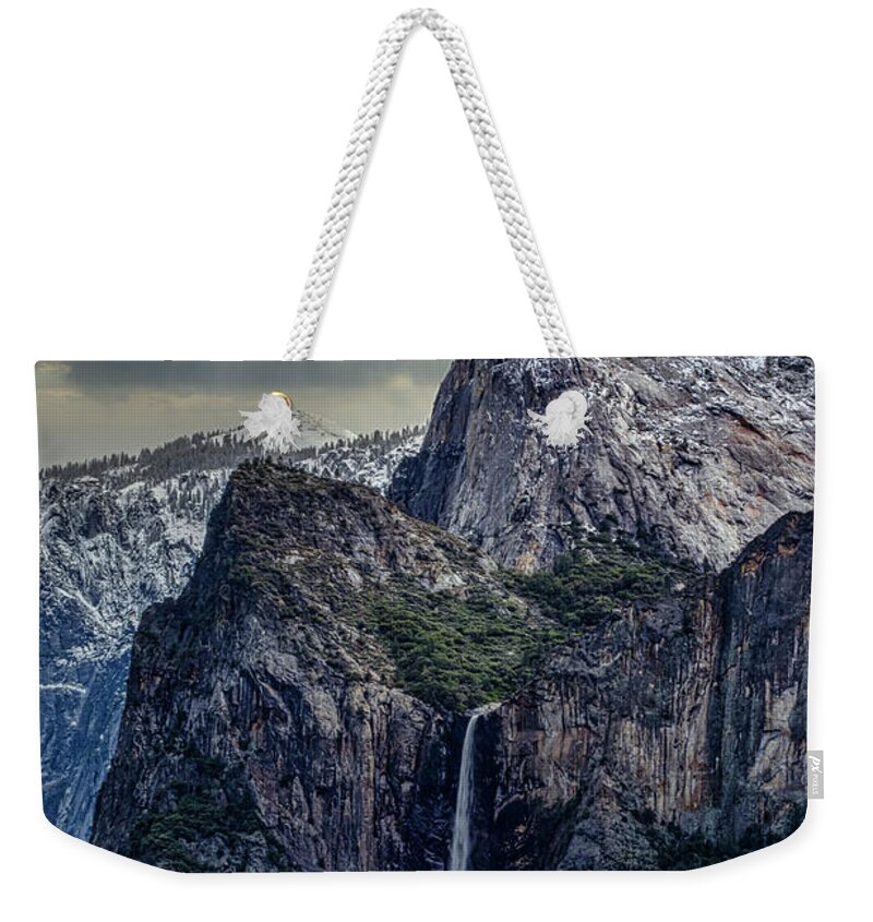 Landscape Weekender Tote Bag featuring the photograph Dark Clouds over Bridalveil Fall by Romeo Victor